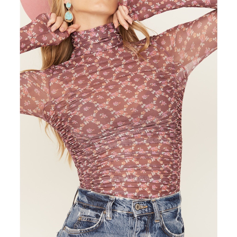 Free People Floral Long Sleeve Ruched Top/Bodysuit